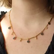 Breloque ronde 7 mm avec strass - Doré - Bleu pétrole x1