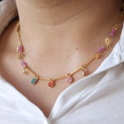 Breloque ronde 7 mm avec strass - Doré - Rose clair x1