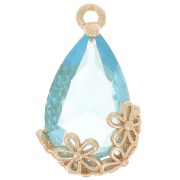 Pendentif goutte en verre facetté avec fleurs 16x9 mm - Doré - Bleu turquoise x1