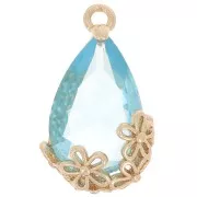 Pendentif goutte en verre facetté avec fleurs 16x9 mm - Doré - Bleu turquoise x1