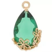 Pendentif goutte en verre facetté avec fleurs 16x9 mm - Doré - Emeraude x1