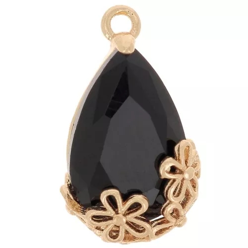 Pendentif goutte en verre facetté avec fleurs 16x9 mm - Doré - Noir x1