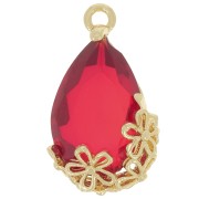 Pendentif goutte en verre facetté avec fleurs 16x9 mm - Doré - Rouge x1|raw }}