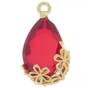 Pendentif goutte en verre facetté avec fleurs 16x9 mm - Doré - Rouge x1