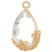 Pendentif goutte en verre facetté avec fleurs 16x9 mm - Doré - Transparent x1