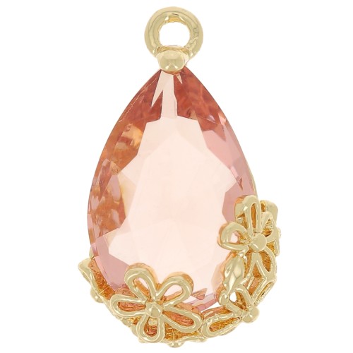Pendentif goutte en verre facetté avec fleurs 16x9 mm - Doré - Rose Saumon x1