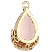 Pendentif goutte en verre facetté avec fleurs 16x9 mm - Doré - Rose Saumon x1