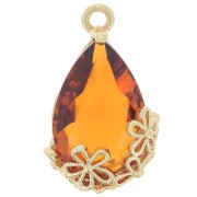Pendentif goutte en verre facetté avec fleurs 16x9 mm - Doré - Cognac x1|raw }}
