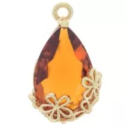 Pendentif goutte en verre facetté avec fleurs 16x9 mm - Doré - Cognac x1