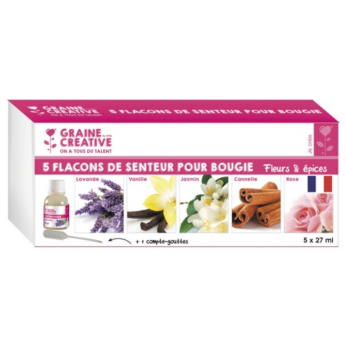 Coffret de 5 senteurs pour bougie de 27ml avec son compte-goutte - Fleurs & épices