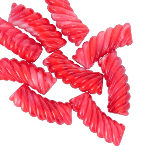 Perles tube incurvé torsadé acrylique transparente 35x12mm - Marbré rouge x6