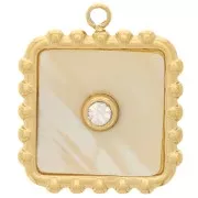 Pendentif carré 18x15 mm avec nacre & oxyde de zirconium - Acier inox 304L Doré x1
