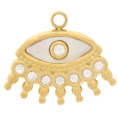 Breloque oeil 13x15 mm avec nacre et oxydes de zirconium - Acier inox 304L Doré x1