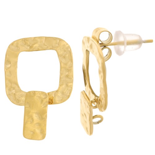 Clous d'oreilles carré & petit rectangle martelé 20x14mm - Acier inox 316L Doré x2