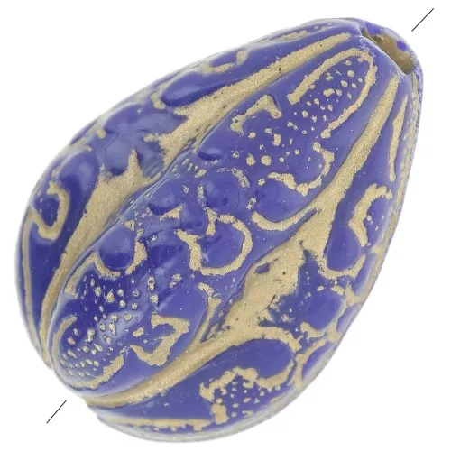 Perles gouttes melons gravées 18x13 mm style vintage - Bleu royal - Doré x5