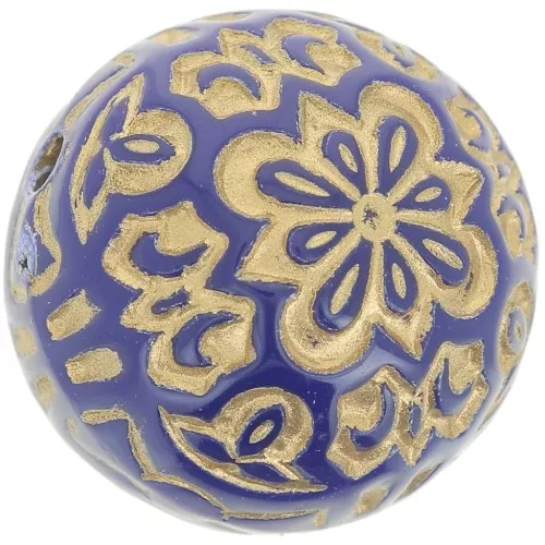 Perles rondes gravées 14 mm style vintage - Bleu royal - Doré x5