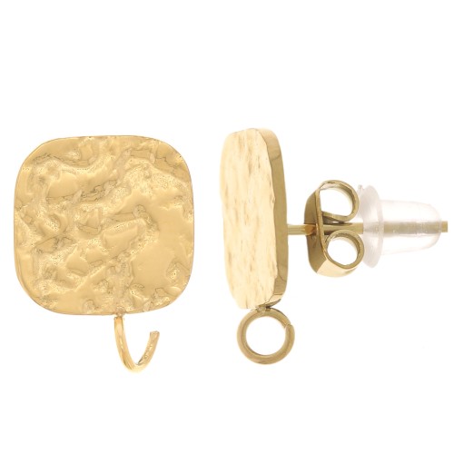 Clous d'oreilles carrés martelés 13x10 mm - Acier inoxydable 316L Doré x2