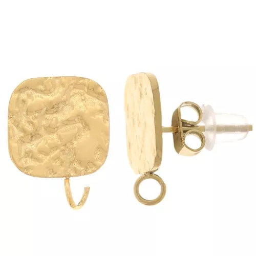 Clous d'oreilles carrés martelés 14x10 mm - Acier inoxydable 316L Doré x2