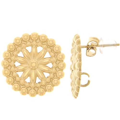 Clous d'oreilles rosace 17 mm avec petites boules - Acier inoxydable 304L Doré x2