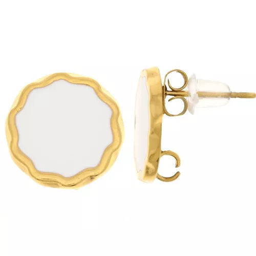 Clous d'oreilles ronds 13mm & résine époxy - Acier inox 304L Doré - Blanc x2