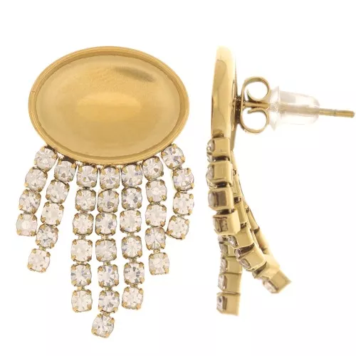 Boucles d'oreilles franges CZ 29x15mm - cabochon 14x10 mm Acier inox 304 Doré x2