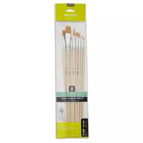 Set de 8 pinceaux polyamides Pébéo ronds et plats - manche long
