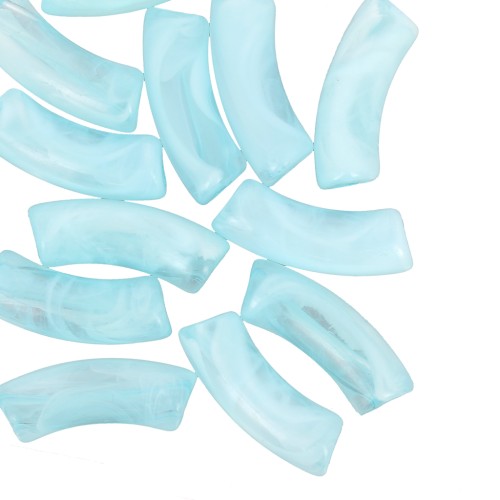 Perles tube incurvé 35x11 mm en acrylique transparente Marbré Turquoise - Blanc x6