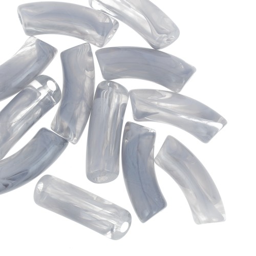 Perles tube incurvé 35x11 mm en acrylique transparente - Marbré Gris x6