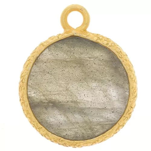 Breloque ronde plate 10mm pierre gemme & serti texturé - Doré Or fin - Labradorite