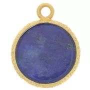 Breloque ronde plate 10mm pierre gemme & serti texturé - Doré Or fin Lapis Lazuli