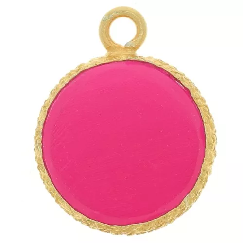 Breloque ronde plate 10mm pierre gemme & serti texturé Doré Or fin Calcédoine Rose