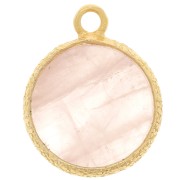 Breloque ronde plate 10 mm pierre gemme & serti texturé -Doré Or fin - Quartz Rose|raw }}