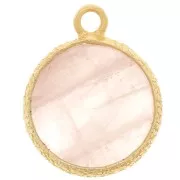 Breloque ronde plate 10 mm pierre gemme & serti texturé -Doré Or fin - Quartz Rose