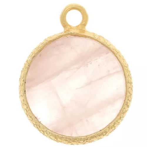 Breloque ronde plate 10 mm pierre gemme & serti texturé -Doré Or fin - Quartz Rose