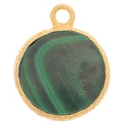 Breloque ronde plate 10 mm -pierre gemme & serti texturé - Doré Or fin - Malachite|raw }}