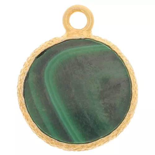 Breloque ronde plate 10 mm -pierre gemme & serti texturé - Doré Or fin - Malachite