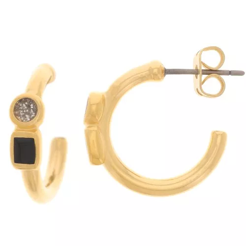 Créoles ouvertes 17 mm avec résine époxy - Doré à l'or fin - Noir x2