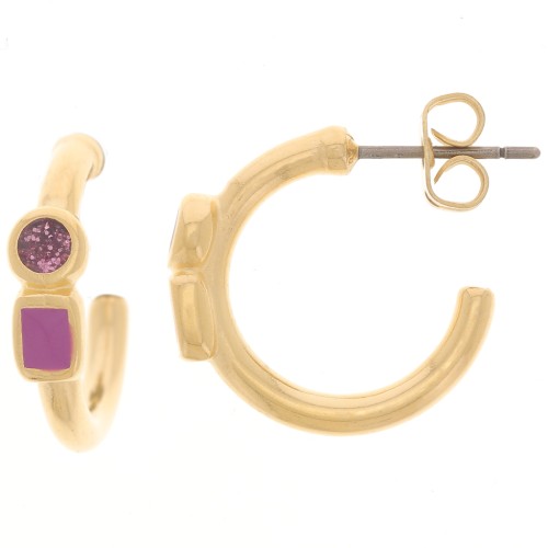 Créoles ouvertes 17 mm avec résine époxy - Doré à l'or fin - Prune x2