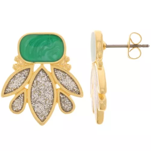 Boucles d'oreilles design 22x20 mm Doré Or fin - Argenté pailleté - Vert nacré x2