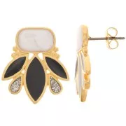 Boucles d'oreilles design 22x20 mm - Doré à l'or fin - Noir - Blanc nacré x2