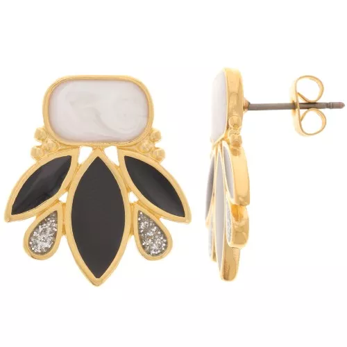 Boucles d'oreilles design 22x20 mm - Doré à l'or fin - Noir - Blanc nacré x2