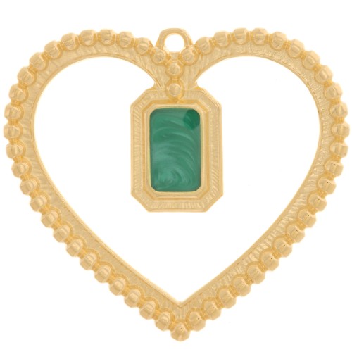 Pendentif coeur évidé 35x38 mm octogone en résine - Doré à l'or fin - Vert nacré