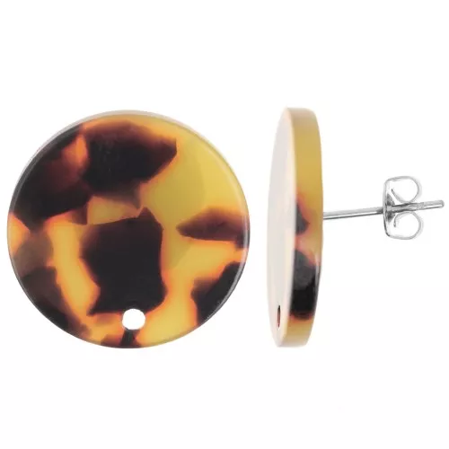 Clous d'oreilles ronds 20 mm en acrylique - Ecaille de tortue - Marron - Noir x2