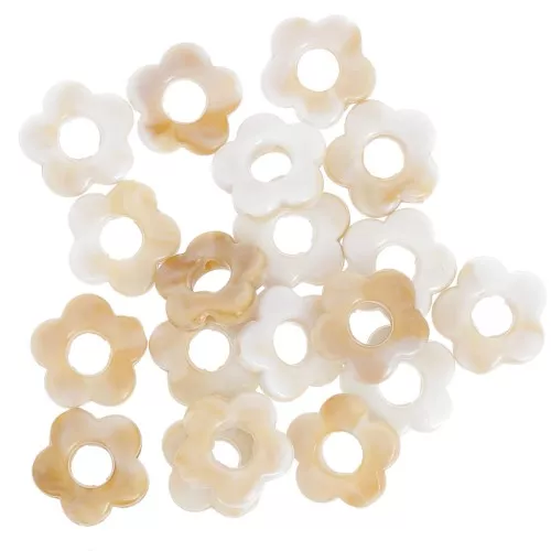 Perles fleur en acrylique opaque 14 mm - Marbré Blanc - Marron x4