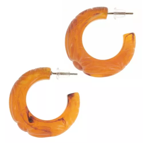 Créoles larges en résine 30 mm - fleur gravée - Marbré Abricot x2