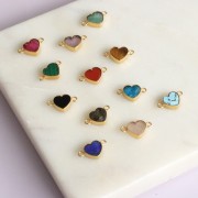 Intercalaire coeur 15x8 mm en pierre gemme - Doré à l'or fin - Oeil de tigre x1