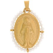 Pendentif ovale religieux 28x21 mm avec perles - Acier inox 304L Doré - Blanc AB