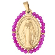 Pendentif ovale religieux 28.5x21.5 mm avec perles - Acier inox 304 Doré/Fuchsia