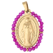 Pendentif ovale religieux 28.5x21.5 mm avec perles - Acier inox 304 Doré/Fuchsia