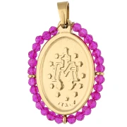 Pendentif ovale religieux 28.5x21.5 mm avec perles - Acier inox 304 Doré/Fuchsia